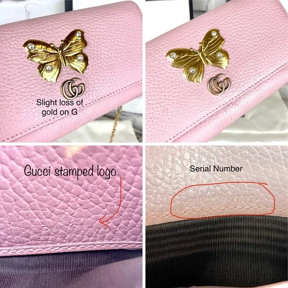 Gucci Marmont Gold Butterfly pink leather wallet crossbody - Picture 11 of 13